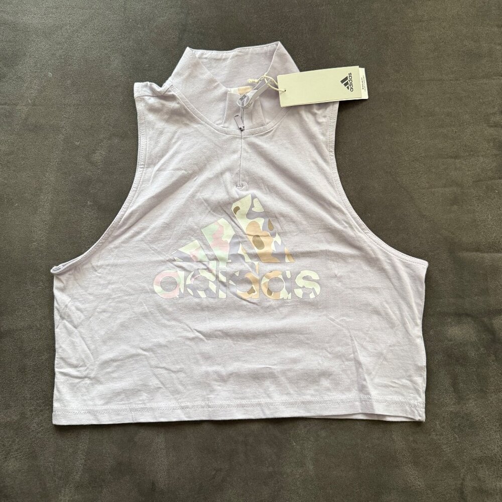 Adidas Womens Cropped Tank Top With Camo Logo Design Light Purple Size L Sustain